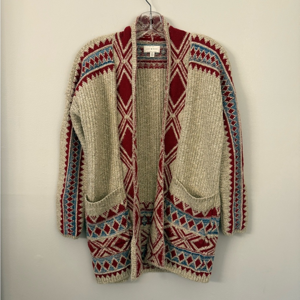Lucky Brand Red and Blue Patterned Cardigan